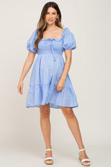 Blue Puff Sleeve Ruffle Tiered Maternity Dress