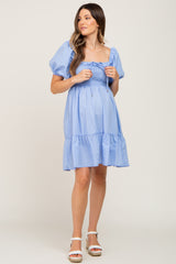 Blue Puff Sleeve Ruffle Tiered Maternity Dress