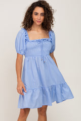 Blue Puff Sleeve Ruffle Tiered Dress