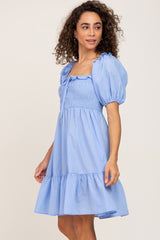 Blue Puff Sleeve Ruffle Tiered Dress