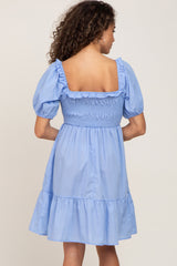 Blue Puff Sleeve Ruffle Tiered Dress