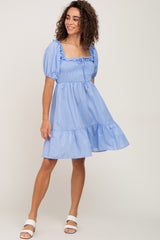 Blue Puff Sleeve Ruffle Tiered Dress