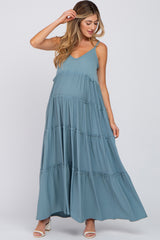 Blue Sleeveless Tiered Maternity Maxi Dress