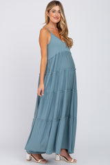 Blue Sleeveless Tiered Maternity Maxi Dress