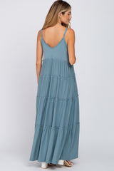 Blue Sleeveless Tiered Maternity Maxi Dress