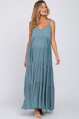 Blue Sleeveless Tiered Maternity Maxi Dress