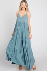 Blue Sleeveless Tiered Maternity Maxi Dress