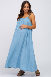 Blue Denim Square Neck Maternity Maxi Dress