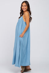 Blue Denim Square Neck Maternity Maxi Dress