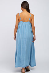 Blue Denim Square Neck Maternity Maxi Dress