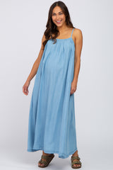 Blue Denim Square Neck Maternity Maxi Dress