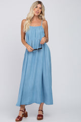 Blue Denim Square Neck Maternity Maxi Dress