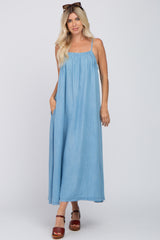 Blue Denim Square Neck Maxi Dress