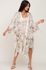 Beige Palm Print Tie Sleeve Maternity Cover Up