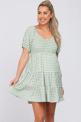 Green Gingham Smocked Tiered Maternity Dress