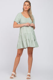 Green Gingham Smocked Tiered Maternity Dress