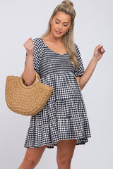 Black Gingham Smocked Tiered Maternity Dress