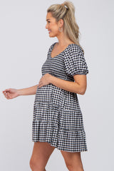 Black Gingham Smocked Tiered Maternity Dress