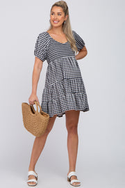 Black Gingham Smocked Tiered Maternity Dress