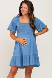 Blue Smocked Back Tie Maternity Dress