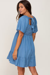 Blue Smocked Back Tie Maternity Dress