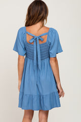 Blue Smocked Back Tie Dress