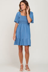 Blue Smocked Back Tie Dress