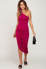 Magenta One Shoulder Ruched Maternity Midi Dress