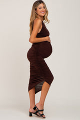 Brown One Shoulder Ruched Maternity Midi Dress