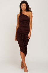 Brown One Shoulder Ruched Maternity Midi Dress