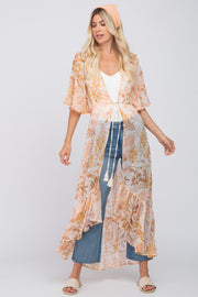 Beige Floral Chiffon Front Tie Ruffle Hi-Low Cover Up