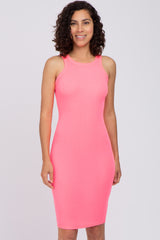 Neon Pink Ribbed Fitted Maternity Tank Dress