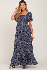 Navy Leaf Print Smocked Maternity Maxi Dress