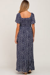 Navy Leaf Print Smocked Maternity Maxi Dress