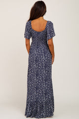 Navy Leaf Print Smocked Maxi Dress