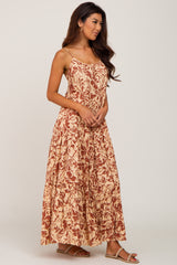 Taupe Tropical Floral Back Tie Tiered Maxi Dress