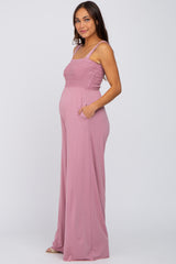 Mauve Sleeveless Smocked Wide Leg Maternity Jumpsuit