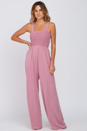 Mauve Sleeveless Smocked Wide Leg Jumpsuit