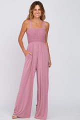 Mauve Sleeveless Smocked Wide Leg Jumpsuit