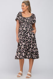 Black Floral Smocked Tiered Maternity Midi Dress