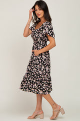 Black Floral Smocked Tiered Midi Dress