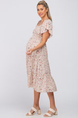 Taupe Floral Smocked Tiered Maternity Midi Dress