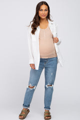 Ivory Frayed Hem Button Down Maternity Top