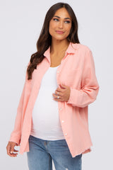 Peach Frayed Hem Button Down Maternity Top