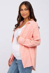 Peach Frayed Hem Button Down Maternity Top