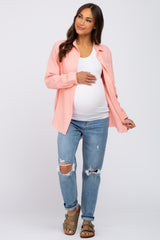 Peach Frayed Hem Button Down Maternity Top