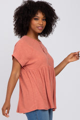 Rust Ribbed Button Front Top