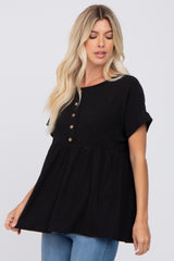 Black Ribbed Button Front Top