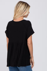 Black Ribbed Button Front Top