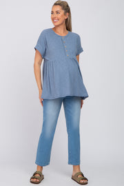 Blue Ribbed Button Front Maternity Top